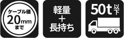 ケーブル径20ｍｍ、軽量長持ち、50t以下